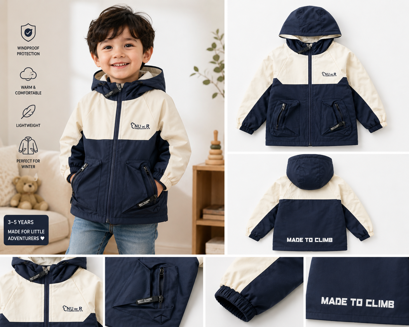 Kids Winter Hooded Jacket – Navy & Cream | 2–6 Years
