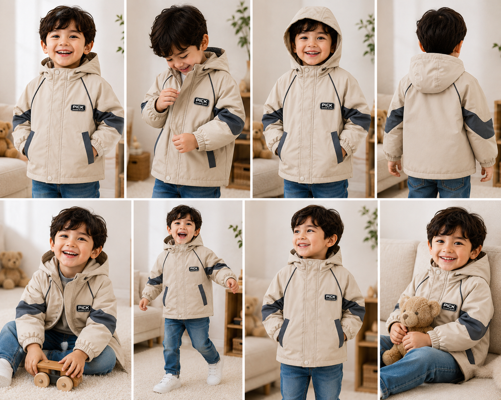 Kids Winter Hooded Jacket – Beige & Charcoal | 3–5 Years