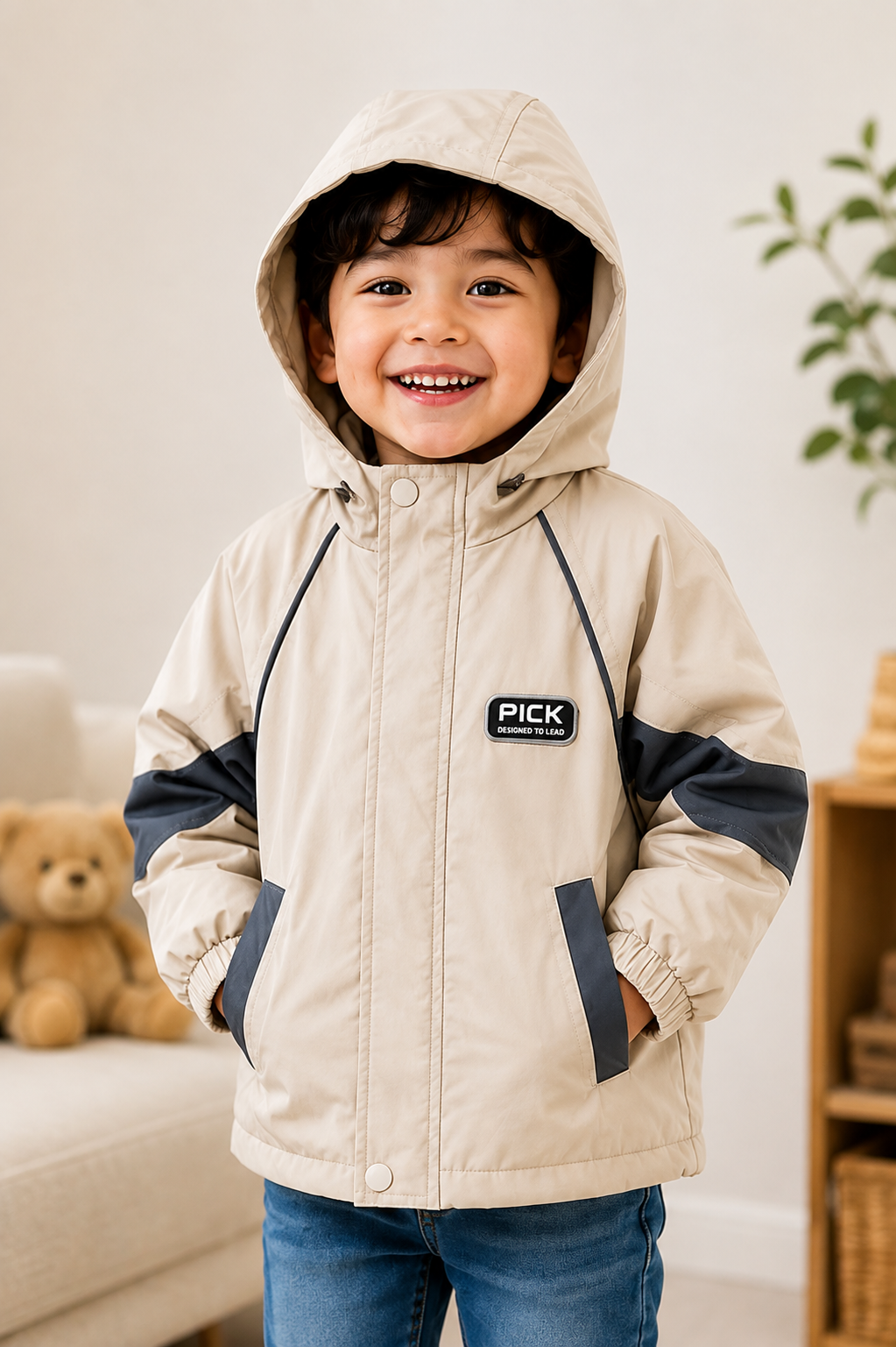 Kids Winter Hooded Jacket – Beige & Charcoal | 3–5 Years