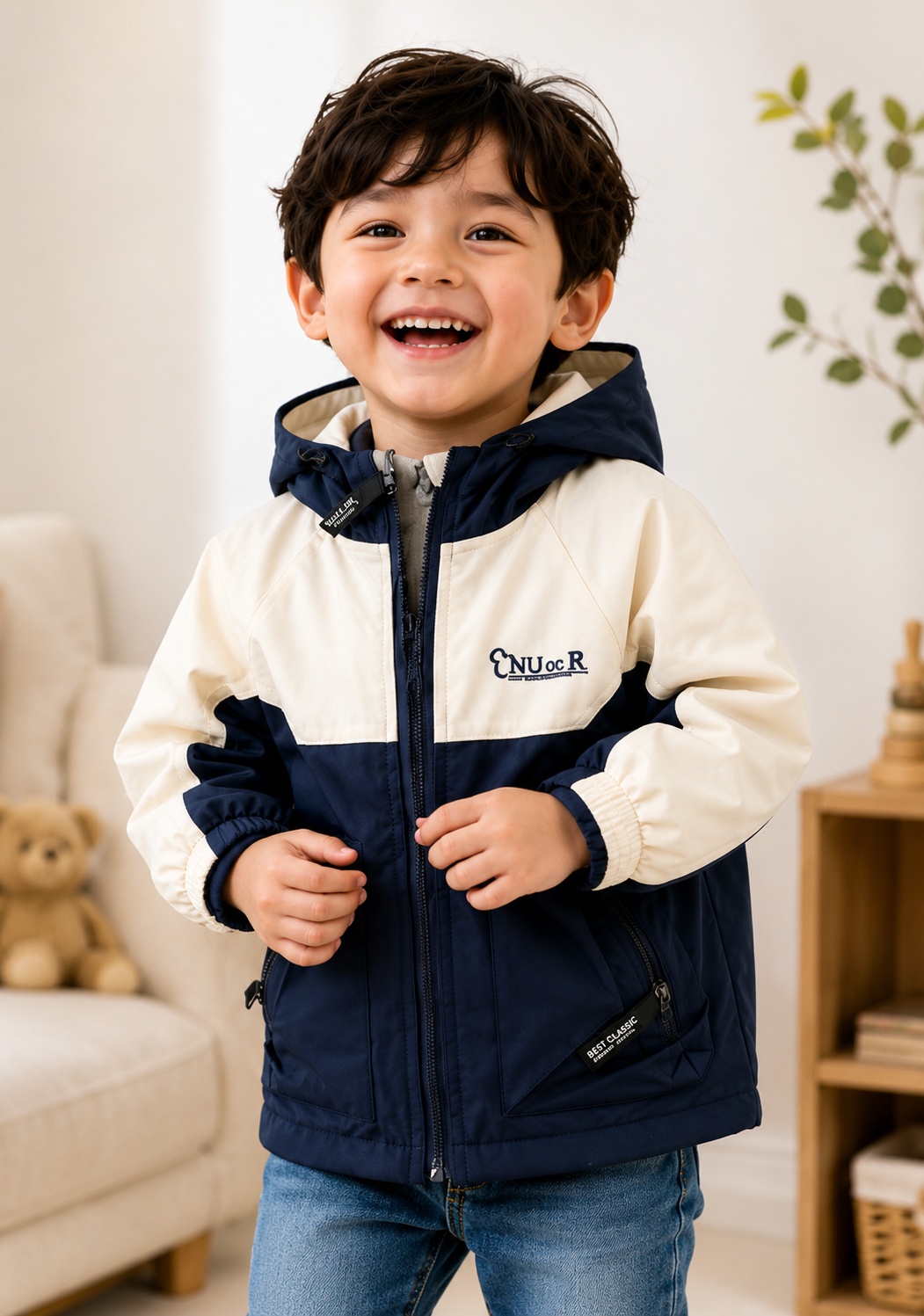 Kids Winter Hooded Jacket – Navy & Cream | 2–6 Years