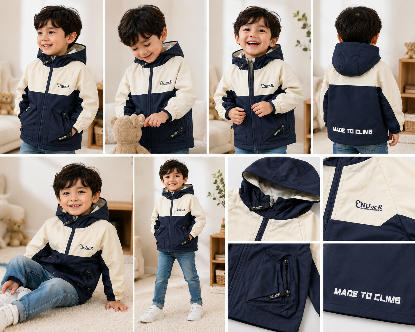 Kids Winter Hooded Jacket – Navy & Cream | 2–6 Years