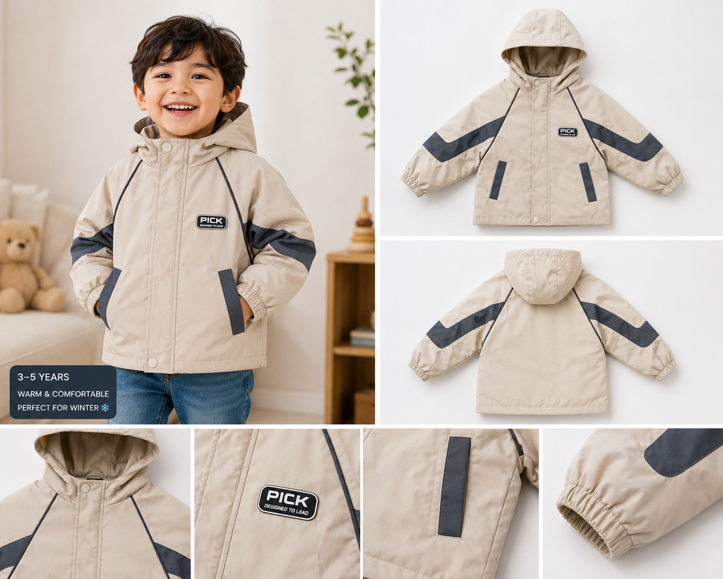 Kids Winter Hooded Jacket – Beige & Charcoal | 3–5 Years
